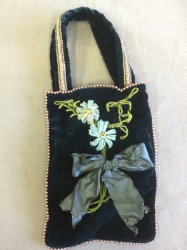 Womens, Purse, PETRO ZILLA, Navy Blue, Lime Green, Turquoise Blue, Dusty Purple, Rayon, Beaded, Floral, 4", 8", Flat Bag, Snap Close, 2 Short Handles, Flowers with Bow