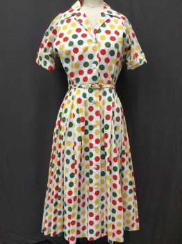 ELAINE TERRY, White, Red, Yellow, Green, Cotton, Polka Dots, Short Sleeve,  Shirtwaist, Raglan Sleeve, Pleated Skirt, Notched Collar, Cuffed Sleeves, **W/Matching Belt, With Self Fabric & Self Fabric Buckle
