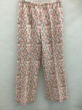 Womens, 1970s Vintage, Suit, Pants, KAY WINDSOR, Multi-color, Peachy Pink, Beige, Gray, White, Polyester, Geometric, Multicolor Rectangles and Squares with Circles Inside Pattern, Elastic Waist, Flared Leg,