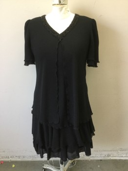 Womens, Cocktail Dress, CATTIVA, Black, Polyester, Beaded, Solid, W40, B42, Poly Georgette, 5 Tiered with Lettuce Hems. Black Beaded V. Neck, Short Sleeves, Slit at Back Neck with Hook & Eye Closure, Early 1990's