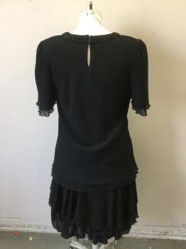 Womens, Cocktail Dress, CATTIVA, Black, Polyester, Beaded, Solid, W40, B42, Poly Georgette, 5 Tiered with Lettuce Hems. Black Beaded V. Neck, Short Sleeves, Slit at Back Neck with Hook & Eye Closure, Early 1990's