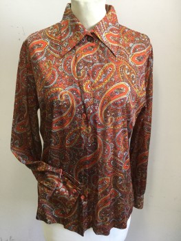 FOX 38, Dk Orange, Slate Blue, Goldenrod Yellow, White, Black, Polyester, Paisley/Swirls, Collar Attached, Light Orange Button Front, Long Sleeves with Brown & Light Orange Buttons (Missing Button # 2, 4 & 5)