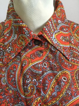 Womens, Blouse, FOX 38, Dk Orange, Slate Blue, Goldenrod Yellow, White, Black, Polyester, Paisley/Swirls, B:38, Collar Attached, Light Orange Button Front, Long Sleeves with Brown & Light Orange Buttons (Missing Button # 2, 4 & 5)