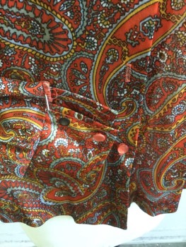 Womens, Blouse, FOX 38, Dk Orange, Slate Blue, Goldenrod Yellow, White, Black, Polyester, Paisley/Swirls, B:38, Collar Attached, Light Orange Button Front, Long Sleeves with Brown & Light Orange Buttons (Missing Button # 2, 4 & 5)