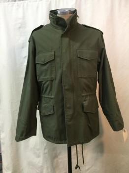 Mens, Casual Jacket, NO LABEL, Olive Green, Cotton, Polyester, Solid, S/M, Olive, Zip & Button Front, 4 Pockets, Drawstring Waist & Hem, Epaulets, Attachable Hood