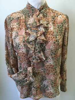Womens, Blouse, CAMPUS CASUALS, Lt Brown, Olive Green, Off White, Polyester, Novelty Pattern, L, Pheasant Feather Print Poly Crepe, Long Sleeves,  Stand Collar with  Jabot Front at Button Placet