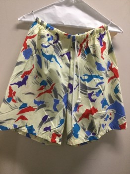 Mens, Swim Suit, GABRIELLE, Yellow, Red, Teal Blue, Cornflower Blue, Gray, Polyester, Cotton, Abstract , Small, Drawstring, Trunks, Back Pocket Flap,