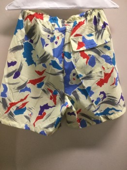 Mens, Swim Suit, GABRIELLE, Yellow, Red, Teal Blue, Cornflower Blue, Gray, Polyester, Cotton, Abstract , Small, Drawstring, Trunks, Back Pocket Flap,