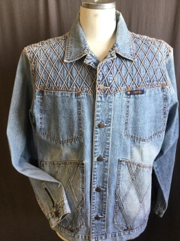 Mens, Jean Jacket, ENYCE, Lt Blue, Cotton, Solid, Diamonds, L, Denim, Collar Attached, Self Diamond Work Detail with Rust Stitches, Brass Button Front, 4 Pockets Long Sleeves,