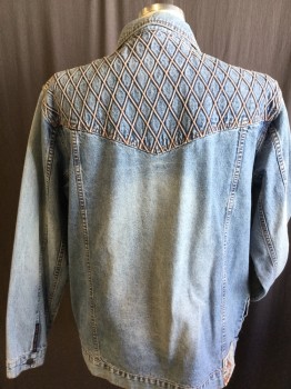 Mens, Jean Jacket, ENYCE, Lt Blue, Cotton, Solid, Diamonds, L, Denim, Collar Attached, Self Diamond Work Detail with Rust Stitches, Brass Button Front, 4 Pockets Long Sleeves,
