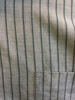 ANTO, Gray, Green, Cotton, Stripes, Grey with Green Pinstripes, Patch Pocket,  Short Sleeves,