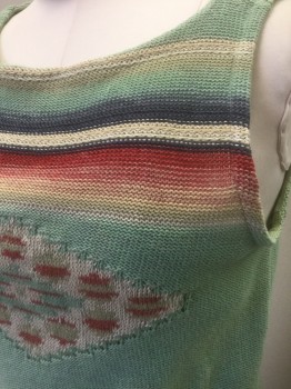 RALPH LAUREN JEANS , Lt Green, Red, Taupe, Navy Blue, Cotton, Linen, Stripes - Horizontal , Geometric, Knit Sweater Top, Light Green with Muted Color Stripes and Diamond Pattern, Sleeveless, Boat Neck,