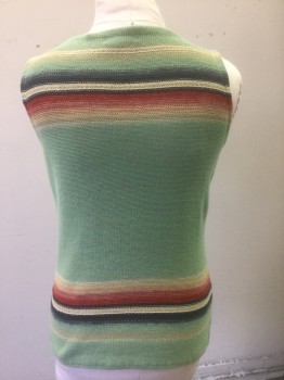 RALPH LAUREN JEANS , Lt Green, Red, Taupe, Navy Blue, Cotton, Linen, Stripes - Horizontal , Geometric, Knit Sweater Top, Light Green with Muted Color Stripes and Diamond Pattern, Sleeveless, Boat Neck,