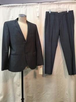TOPMAN, Navy Blue, Synthetic, Heathered, Heather Navy, 2 Buttons,  Notched Lapel, 3 Pockets,