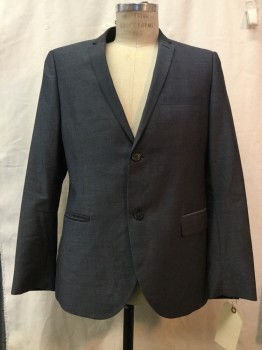 TOPMAN, Navy Blue, Synthetic, Heathered, Heather Navy, 2 Buttons,  Notched Lapel, 3 Pockets,