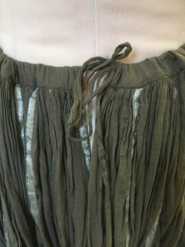 Womens, Skirt, Below Knee, URBAN TURBAN, Gray, Silver, Cotton, Solid, Floral, W. 32, Gray with Silver Vertical Stripes, Drawstring Waistband, Silver Floral Brocade Hem, Open at Drawstring Close, Gathered at Waist