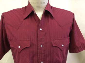 ELY CATTLEMAN, Wine Red, Cotton, Polyester, Diamonds, Stripes - Vertical , Wine with Self Vertical Diamond Stripes, Western Cut, Collar Attached, Yoke, Pearly Clear Snap Front Buttons, 2 Pockets with Flap, Short Sleeves,