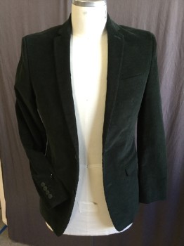 Mens, Sportcoat/Blazer, BAR III, Forest Green, Cotton, Spandex, Solid, 38S, Forrest Green Fine Corduroy, with Green Deer Print Lining, Notched Lapel, Single Breasted, 2 Button Front, 3 Pockets, Long Sleeves,, 2 Split Back Hem