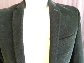Mens, Sportcoat/Blazer, BAR III, Forest Green, Cotton, Spandex, Solid, 38S, Forrest Green Fine Corduroy, with Green Deer Print Lining, Notched Lapel, Single Breasted, 2 Button Front, 3 Pockets, Long Sleeves,, 2 Split Back Hem