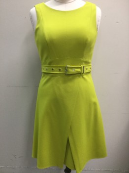 KAREN MILLEN, Acid Green, Polyester, Viscose, Solid, Knit, Faux Wrap Skirt Center Front, Belt with Grommets, Center Back,