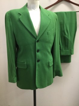 WILLIAM BERANEK, Green, Wool, Solid, Single Breasted, Collar Attached, Notched Lapel, 3 Buttons,  3 Pockets,