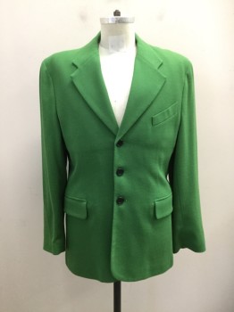 WILLIAM BERANEK, Green, Wool, Solid, Single Breasted, Collar Attached, Notched Lapel, 3 Buttons,  3 Pockets,