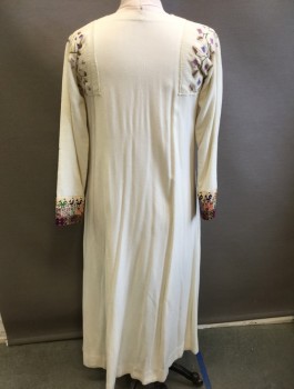 Womens, Historical Fiction Tunic, MTO, Cream, Multi-color, Cotton, Solid, Abstract , B:38, Ancient World, Cream Gauzy Material, Colorful Embroidery at Center Front, Shoulders, and Cuffs, Long Sleeves, V Notch Neckline, Floor Length