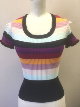 Womens, Top, CINQ A SEPT, Multi-color, Purple, Navy Blue, Orange, Lt Blue, Viscose, Nylon, Stripes - Horizontal , S, Multicolor (Navy/Tangerine/Magenta/Purple/Light Blue/Light Pink) Horizontal Stripes, Ribbed Knit, Short Sleeves, Scoop Neck, Cropped Length, Fitted, Navy Ruffled Self Edge at Neck and Sleeves