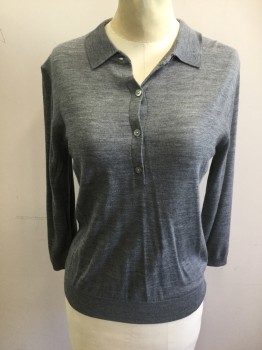 Womens, Pullover, ZARA, Medium Gray, Wool, Heathered, S, Polo Style, 4 Buttons, Ribbed Knit Collar Attached, Ribbed Knit Cuff/Waistband, 3/4 Sleeve