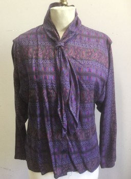 PROPHECY, Purple, Magenta Pink, Green, Charcoal Gray, Ochre Brown-Yellow, Silk, Paisley/Swirls, Stripes - Horizontal , Purple with Multicolor Paisley/Geometric Pattern in Horizontal Stripes, Long Sleeve Button Front, Self Scarf Tie Neckline, Pleats at Armcye Seams,