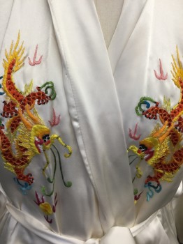 Womens, SPA Robe, ORIENTAL SILK CO, Cream, Orange, Red, Aqua Blue, Green, Silk, Solid, L, Triple, Kimono Style W/chinese Dragon Embroidery, Pockets, Belt