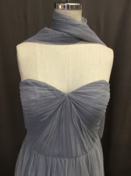 Womens, Evening Gown, ADRIANNA PAPEL, Gray, Polyester, Solid, W:27, B:32, 6, Halter,Grey Tulle  Pleated Bust, Gathered Waist, Matching Neck Scarf