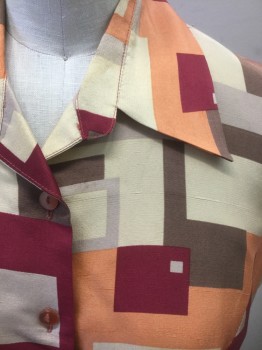 ICE, Multi-color, Orange, Red Burgundy, Brown, Taupe, Silk, Squares, Rectangles, Sleeveless, Button Front, Collar Attached, Princess Seams,