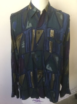 JACK LIPSON, Midnight Blue, Olive Green, Dk Olive Grn, Dk Purple, Viscose, Geometric, Abstract , Dark Multicolor Painterly Shapes Pattern, Crinkly Textured Rayon, Long Sleeve Button Front, Collar Attached, Early 1990's
