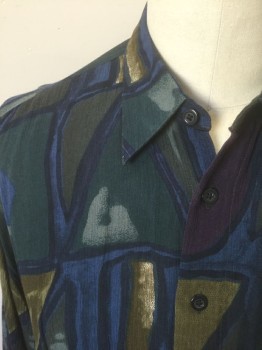 JACK LIPSON, Midnight Blue, Olive Green, Dk Olive Grn, Dk Purple, Viscose, Geometric, Abstract , Dark Multicolor Painterly Shapes Pattern, Crinkly Textured Rayon, Long Sleeve Button Front, Collar Attached, Early 1990's