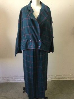 Womens, 1980s Vintage, Suit, Jacket, NL, Teal Blue, Pink, Linen, Cotton, Check , XS, Band Collar, Cross Over, Double Breasted, Wide Armpit, 3/4 Sleeves, Epaulet, Short Waisted, Oversized