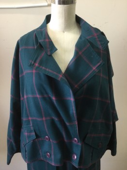 Womens, 1980s Vintage, Suit, Jacket, NL, Teal Blue, Pink, Linen, Cotton, Check , XS, Band Collar, Cross Over, Double Breasted, Wide Armpit, 3/4 Sleeves, Epaulet, Short Waisted, Oversized
