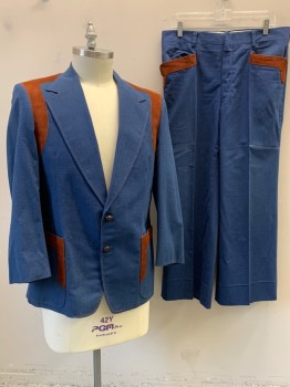BEFORE SIX, Denim Blue, Brown, Cotton, Suede, Color Blocking, Notched Lapel, Single Breasted, Button Front, 2 Buttons, 2 Pockets, Brown Suede Trim on Shoulders  & Pockets, Brown Stitching, Single Back Vent *Yellow Stain on Left Cuffs Under 3rd Button
