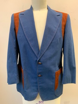 BEFORE SIX, Denim Blue, Brown, Cotton, Suede, Color Blocking, Notched Lapel, Single Breasted, Button Front, 2 Buttons, 2 Pockets, Brown Suede Trim on Shoulders  & Pockets, Brown Stitching, Single Back Vent *Yellow Stain on Left Cuffs Under 3rd Button