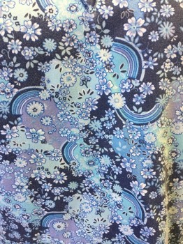 CREST, Blue, Lt Blue, Navy Blue, White, Poly/Cotton, Floral, Novelty Pattern, Floral and Rainbow Pattern Over Navy/Blue/LtBlue Clouds, V-neck, Short Sleeves, 2 Patch Pockets