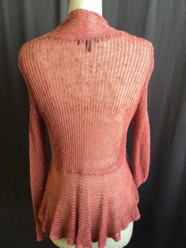 EILEEN  FISHER, Salmon Pink, Cotton, Solid, Open Front, Uneven Hem, Bias Knit Bottom Part Back, Long Sleeves,