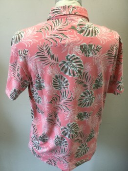 TOMMY BAHAMA, Bubble Gum Pink, White, Green, Gray, Cotton, Spandex, Leaves/Vines , Short Sleeves, 3 Buttons,