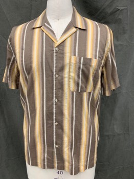 URBAN OUTFITTERS, Lt Gray, Brown, Yellow, Cotton, Stripes, Collar Attached, Short Sleeves, Button Front, Left Chest Pocket