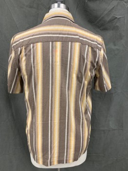 URBAN OUTFITTERS, Lt Gray, Brown, Yellow, Cotton, Stripes, Collar Attached, Short Sleeves, Button Front, Left Chest Pocket