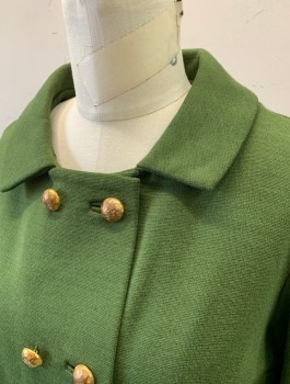 Womens, 1960s Vintage, Suit, Jacket, R&K KNITS, Olive Green, Polyester, Solid, S, Double Knit Polyester Jacket, Double Breasted, Gold Buttons, Collar Attached, Boxy Fit, **Has 2 Small Mends in Back