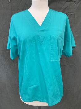 LANDAU, Green, Polyester, Cotton, Solid, Short Sleeve,  V-neck, 1 Pocket