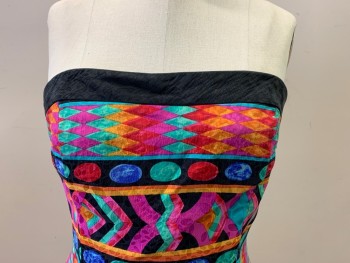 AJ BARI, Multi-color, Silk, Geometric, Stripes, Fuchsia, Orange, Teal, Red, Green, Black, Strapless, Gathered Skirt with a Layer of Netting, Zip Back, Perfect for Cyndi Lauper