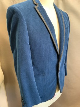 Mens, Sportcoat/Blazer, SEAN JOHN, Teal Blue, Charcoal Gray, Cotton, Solid, 44, Teal Corduroy with Charcoal Trim, 1 Button Front, Notched Lapel, 3 Pockets,