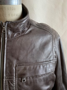 Mens, Leather Jacket, DANIER, Brown, Leather, Solid, L, Zip Front, 2 Zip Pockets, 2 Side Pocket, Collar Attached, Snap Cuffs