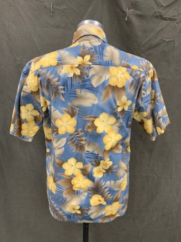 Mens, Hawaiian Shirt, CAMPIA, Blue, Yellow, Taupe, Olive Green, Cotton, Floral, M, Button Front, Collar Attached, Short Sleeves, 1 Pocket *Shoulder Burn*